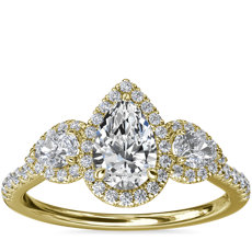 Three-Stone Pear Halo Diamond Engagement Ring in 14k Yellow Gold